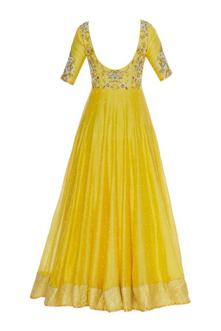 Shop_Neha Khullar_Yellow Chanderi Silk Embroidered Thread Mandarin Anarkali Kurta With Dupatta _Online_at_Aza_Fashions