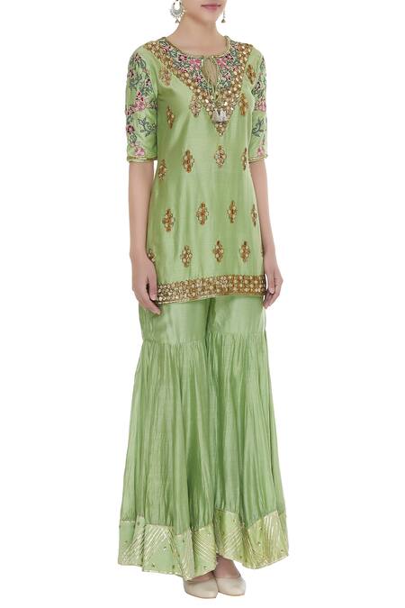 Neha Khullar_Green Chanderi Silk Embroidered Thread Mandarin Embellished Kurta With Gharara _Online_at_Aza_Fashions