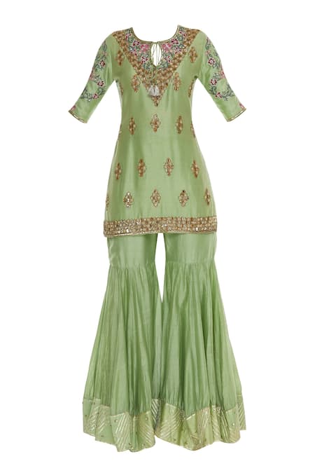 Buy_Neha Khullar_Green Chanderi Silk Embroidered Thread Mandarin Embellished Kurta With Gharara _Online_at_Aza_Fashions