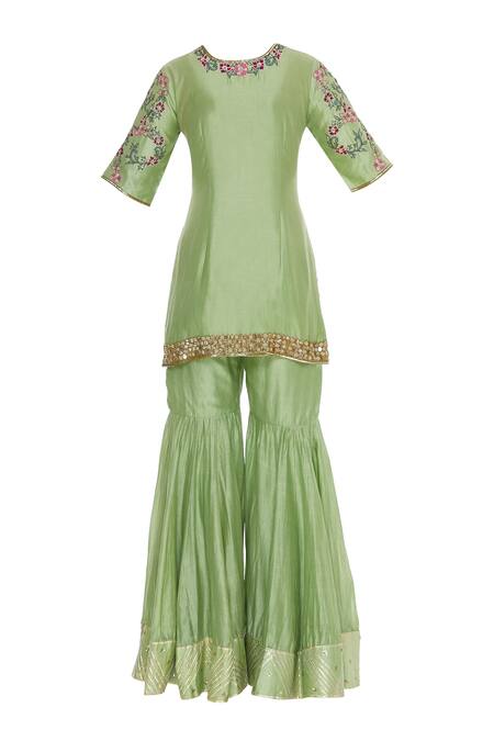 Shop_Neha Khullar_Green Chanderi Silk Embroidered Thread Mandarin Embellished Kurta With Gharara _Online_at_Aza_Fashions