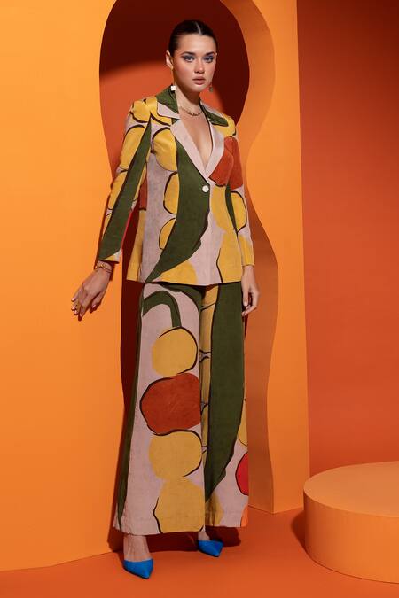 Nautanky_Beige Crepe Abstract Geometric Print Blazer And Pant Set _Online_at_Aza_Fashions