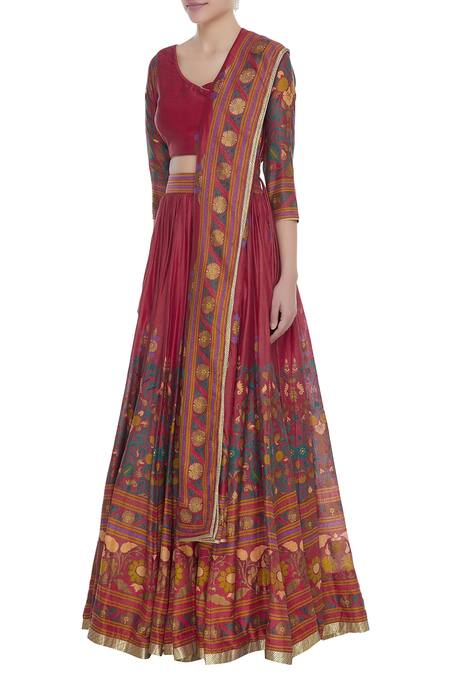 Surendri_Red Chanderi Embroidered U Neck Hand Printed Lehenga With Blouse And Dupatta_Online_at_Aza_Fashions