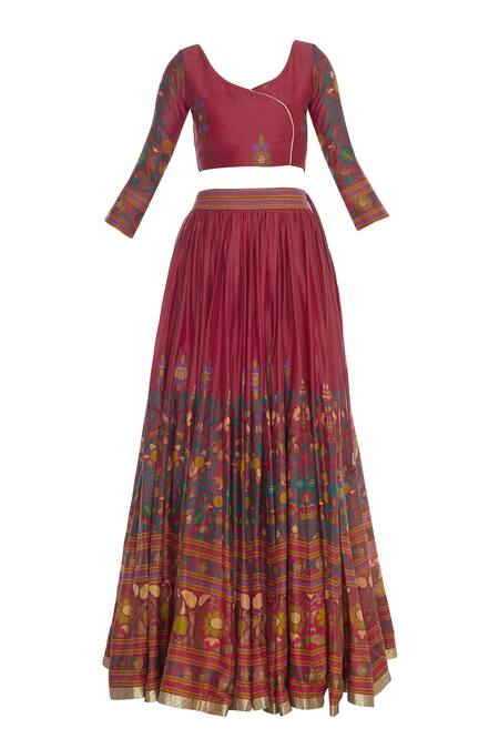 Buy_Surendri_Red Chanderi Embroidered U Neck Hand Printed Lehenga With Blouse And Dupatta_Online_at_Aza_Fashions