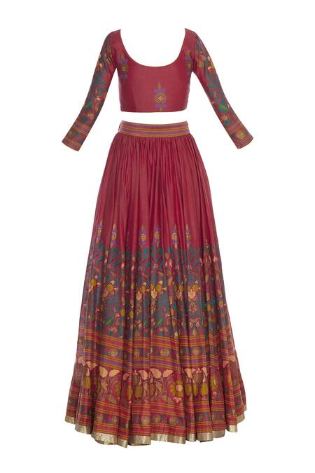 Shop_Surendri_Red Chanderi Embroidered U Neck Hand Printed Lehenga With Blouse And Dupatta_Online_at_Aza_Fashions