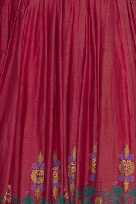 Surendri_Red Chanderi Embroidered U Neck Hand Printed Lehenga With Blouse And Dupatta_at_Aza_Fashions