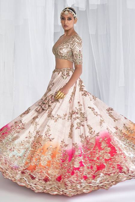 Dolly J_Beige Silk Sequins, Beads, Jasmine Raw Floral Embellished Bridal Lehenga Set _Online_at_Aza_Fashions