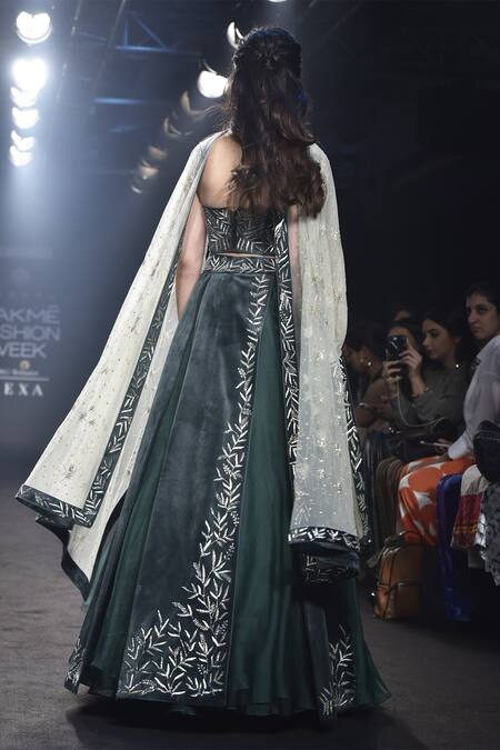 Shop_Mishru_Grey Lehenga With Cape And Corset Blouse_at_Aza_Fashions