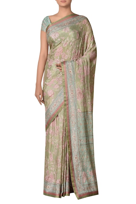 RI.Ritu Kumar Green Printed Embroidered Saree With Unstitched Blouse 