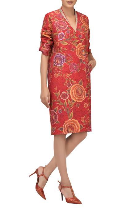 Tarun Tahiliani_Red Silk Overlap Dress_Online_at_Aza_Fashions