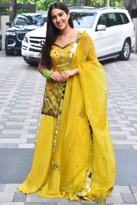 Buy_Izzumi Mehta_Yellow Organza, Crepe Leaf Neck Printed Kurta Palazzo Set_Online_at_Aza_Fashions