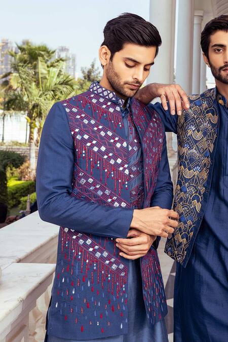 Diyarajvvir_Blue , Satin Cut Work, Embroidery, Indigo Bundi And Kurta Set _Online_at_Aza_Fashions