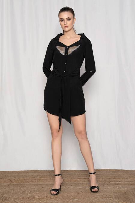 Amrta By Guneet Kondal Black Viscose Sequins, Embroidery Collared Wing Shirt Dress Online at Aza Fashions Amrta By Guneet Kondal_Black Viscose Sequins, Embroidery Collared Wing Shirt Dress _Online_at_Aza_Fashions