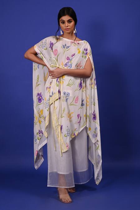 Rimi Nayak_White Modal, Crepe Embroidery Boat Neck Floral Printed Cape Style Tunic _Online_at_Aza_Fashions