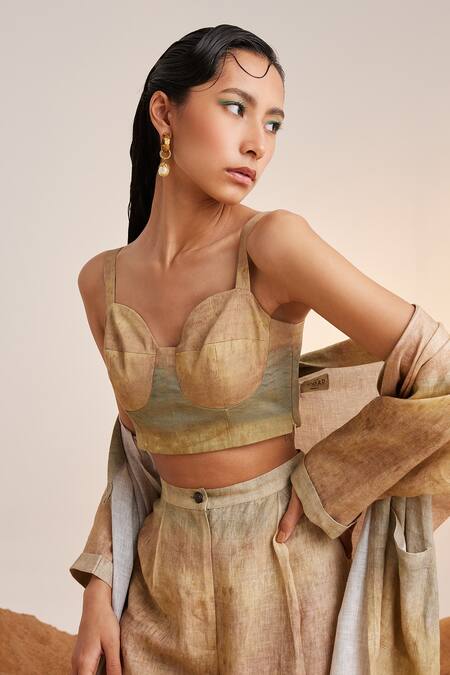 Cord_Beige Linen Sweetheart , Shawl Peru Printed Jacket And Pant Set_at_Aza_Fashions