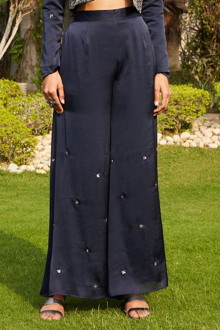 Buy_Bohame_Blue Satin, Chiffon Beads Naila Hand Embroidered Jacket Flared Pant Set _Online_at_Aza_Fashions