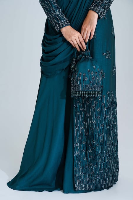 Shop Suruchi Parakh Green Tussar Silk And Georgette Crepe Lining Jacket & Pre-draped Saree Set Online at Aza Fashions Shop_Suruchi Parakh_Green Tussar Silk And Georgette Crepe Lining Jacket & Pre-draped Saree Set _Online_at_Aza_Fashions