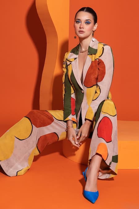 Buy_Nautanky_Beige Crepe Abstract Geometric Print Blazer And Pant Set _Online_at_Aza_Fashions