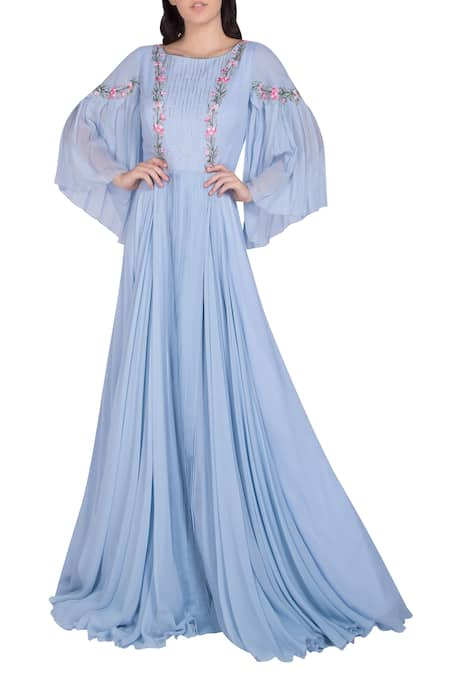 Julie by Julie Shah Blue Embroidery Embellished Gown With Bell Sleeves 