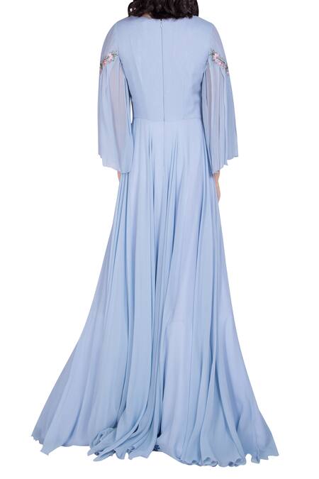 Shop_Julie By Julie Shah_Blue Embroidery Embellished Gown With Bell Sleeves _at_Aza_Fashions