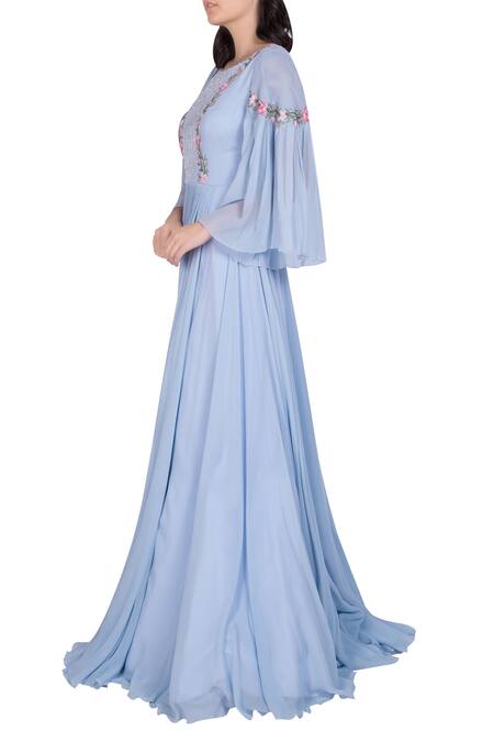 Buy_Julie By Julie Shah_Blue Embroidery Embellished Gown With Bell Sleeves _Online_at_Aza_Fashions