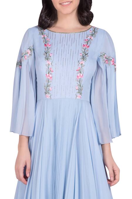 Shop_Julie By Julie Shah_Blue Embroidery Embellished Gown With Bell Sleeves _Online_at_Aza_Fashions