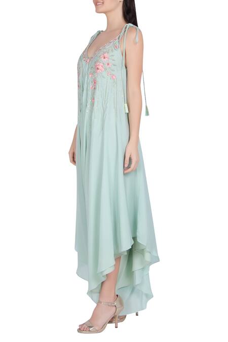 Buy_Julie By Julie Shah_Blue V-shaped Floral Embroidered Jumpsuit _Online_at_Aza_Fashions