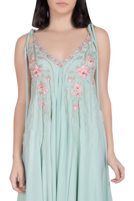 Shop_Julie By Julie Shah_Blue V-shaped Floral Embroidered Jumpsuit _Online_at_Aza_Fashions