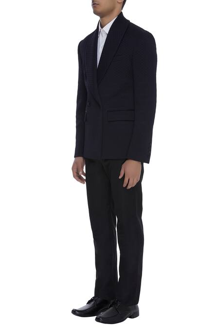 Khanijo_Blue Suiting Embroidered Thread Micro Quilted Double Breasted Blazer  _Online_at_Aza_Fashions