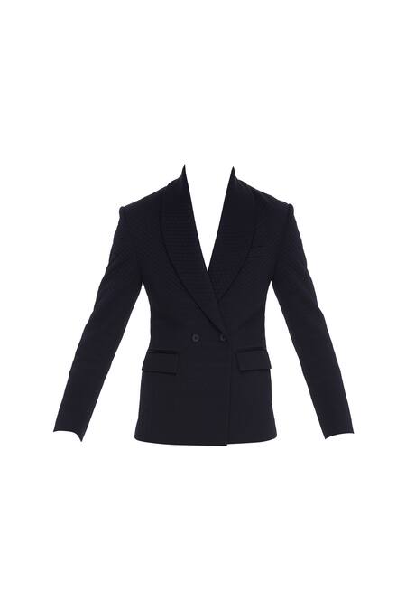 Buy_Khanijo_Blue Suiting Embroidered Thread Micro Quilted Double Breasted Blazer  _Online_at_Aza_Fashions