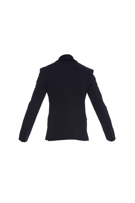 Shop_Khanijo_Blue Suiting Embroidered Thread Micro Quilted Double Breasted Blazer  _Online_at_Aza_Fashions