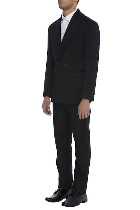 Khanijo_Black Suiting Embroidered Thread Double Breasted Quilted Blazer  _Online_at_Aza_Fashions