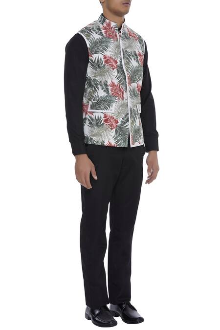 Khanijo_White Linen Thread Tropical Print Nehru Jacket _Online_at_Aza_Fashions