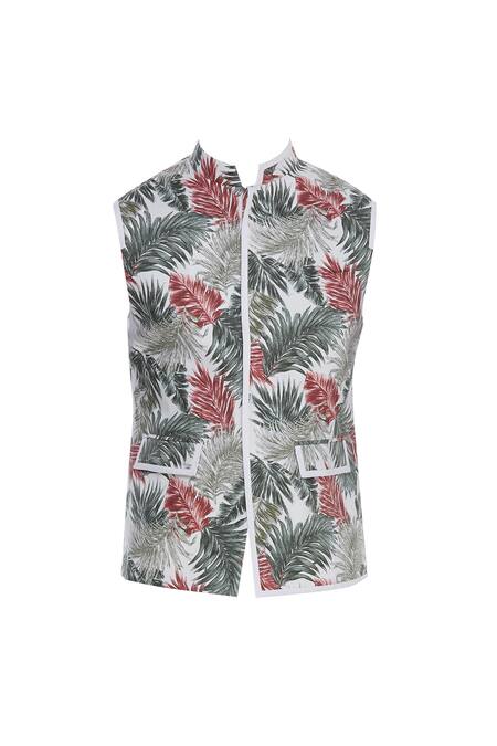 Buy_Khanijo_White Linen Thread Tropical Print Nehru Jacket _Online_at_Aza_Fashions