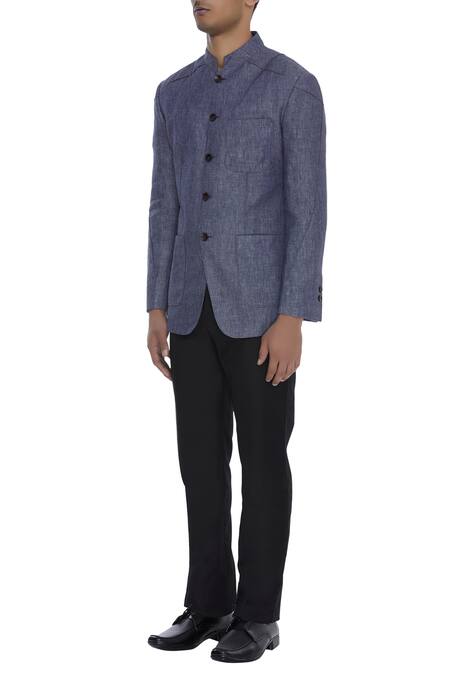 Khanijo_Blue Linen Embroidered Thread Bandhgala With Pockets  _Online_at_Aza_Fashions