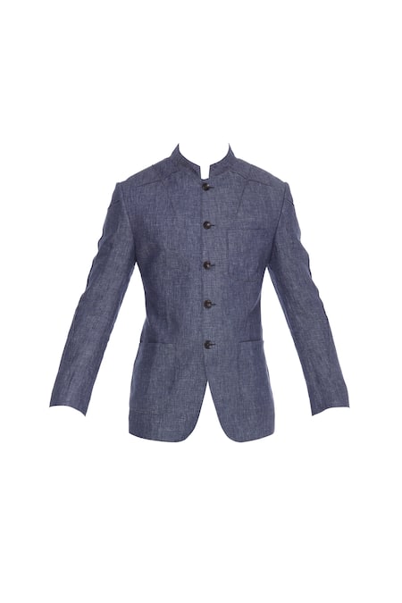 Buy_Khanijo_Blue Linen Embroidered Thread Bandhgala With Pockets  _Online_at_Aza_Fashions