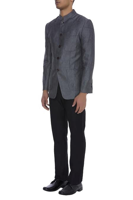 Khanijo_Grey Linen Embroidered Thread Bandhgala With Chest Pocket  _Online_at_Aza_Fashions