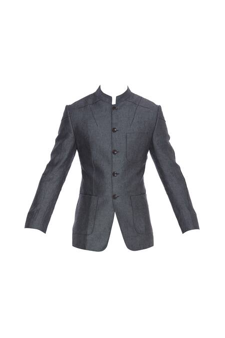 Buy_Khanijo_Grey Linen Embroidered Thread Bandhgala With Chest Pocket  _Online_at_Aza_Fashions