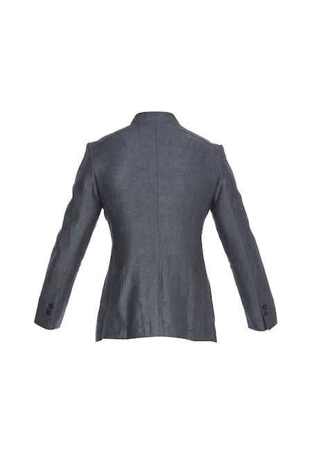 Shop_Khanijo_Grey Linen Embroidered Thread Bandhgala With Chest Pocket  _Online_at_Aza_Fashions