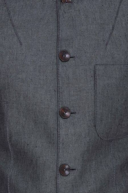 Khanijo_Grey Linen Embroidered Thread Bandhgala With Chest Pocket  _at_Aza_Fashions