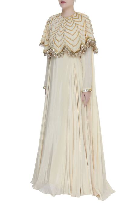 Bhumika Sharma Off White Anarkali Gown With Embroidered Cape Online at Aza Fashions Bhumika Sharma_Off White Anarkali Gown With Embroidered Cape_Online_at_Aza_Fashions