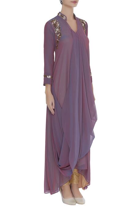 Zeel Doshi_Wine Georgette Embroidery Sequin Notched Gathered Drape Tunic With  _Online_at_Aza_Fashions