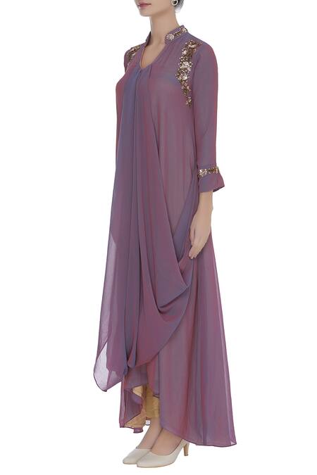 Buy_Zeel Doshi_Wine Georgette Embroidery Sequin Notched Gathered Drape Tunic With  _Online_at_Aza_Fashions