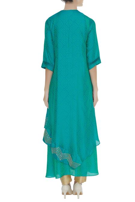 Shop_Zeel Doshi_Green Silk Printed Bandhani Round Embellished Asymmetric Tunic_at_Aza_Fashions