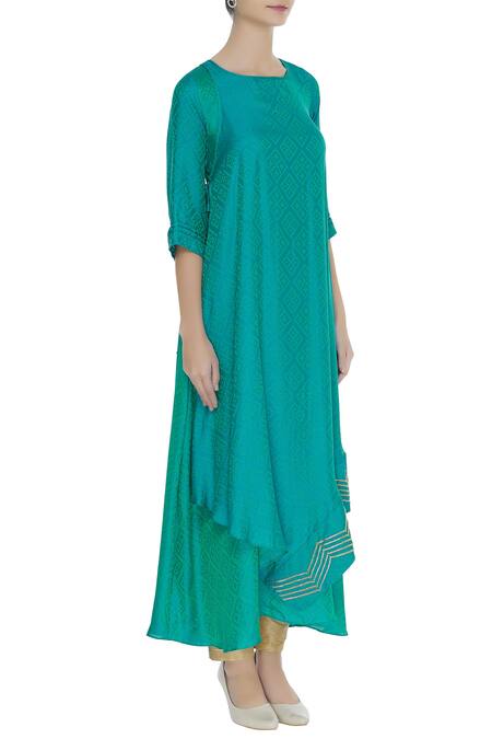 Zeel Doshi_Green Silk Printed Bandhani Round Embellished Asymmetric Tunic_Online_at_Aza_Fashions