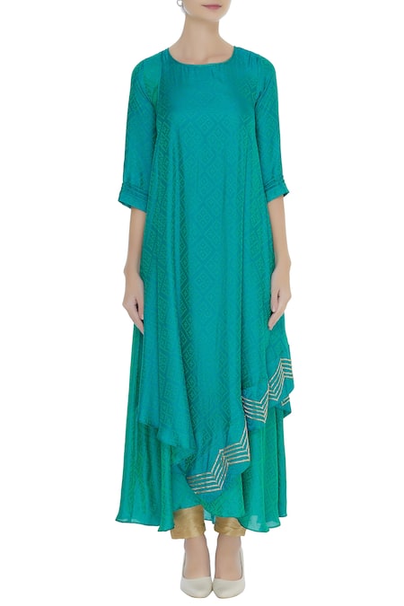 Shop_Zeel Doshi_Green Silk Printed Bandhani Round Embellished Asymmetric Tunic_Online_at_Aza_Fashions