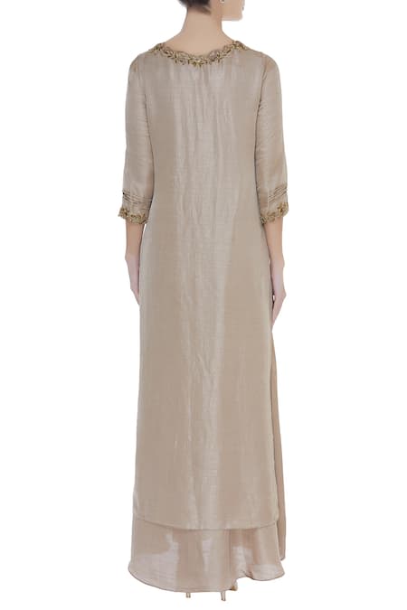 Shop_Zeel Doshi_Grey Linen Silk Embroidered Cutwork And Butti Embellished Layered Tunic  _at_Aza_Fashions