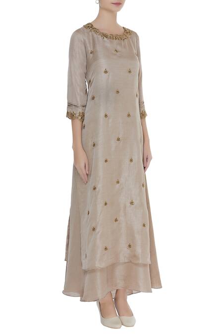 Zeel Doshi_Grey Linen Silk Embroidered Cutwork And Butti Embellished Layered Tunic  _Online_at_Aza_Fashions