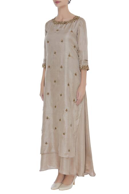 Buy_Zeel Doshi_Grey Linen Silk Embroidered Cutwork And Butti Embellished Layered Tunic  _Online_at_Aza_Fashions