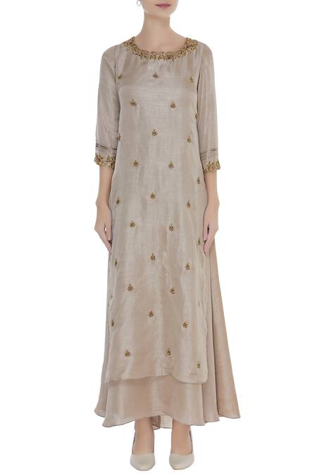 Shop_Zeel Doshi_Grey Linen Silk Embroidered Cutwork And Butti Embellished Layered Tunic  _Online_at_Aza_Fashions
