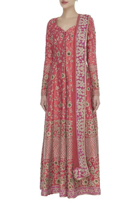 Vandana Sethi_Coral Embroidered  Anarkali Kurta Set_Online_at_Aza_Fashions